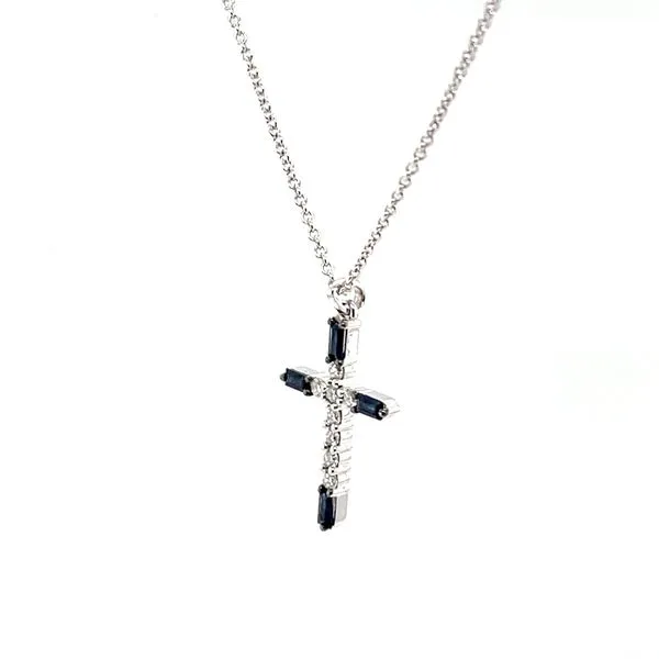 14K White Gold Sapphire and Diamond Cross Pendant Necklace