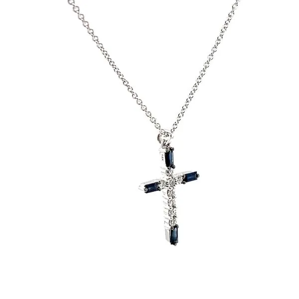 14K White Gold Sapphire and Diamond Cross Pendant Necklace