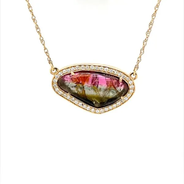 14K Yellow Gold Watermelon Tourmaline Slice and Diamond Necklace Image 2 Minor Jewelry Inc. Nashville, TN