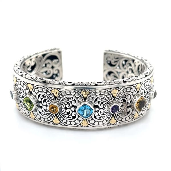 Sterling Silver and 18K Yellow Gold Topaz, Citrine, Amethyst and Peridot Bangle Bracelet Minor Jewelry Inc. Nashville, TN