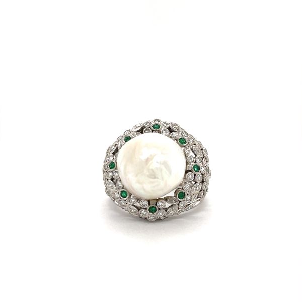 Southeast Pearl, Diamond,  Emerald Platinum Ring size 6.5 12.4g .75 Di Tw .181 Emerald Tw Minor Jewelry Inc. Nashville, TN
