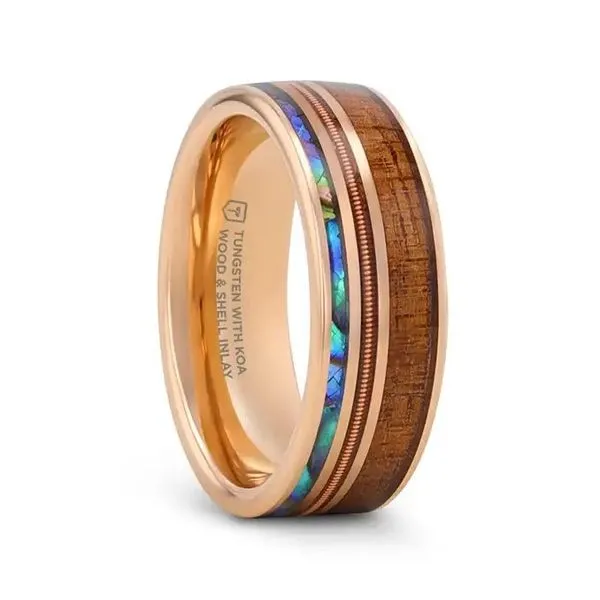 Hawaiian Koa Wood, Abalone, and Guitar String Wedding Band Minor Jewelry Inc. Nashville, TN