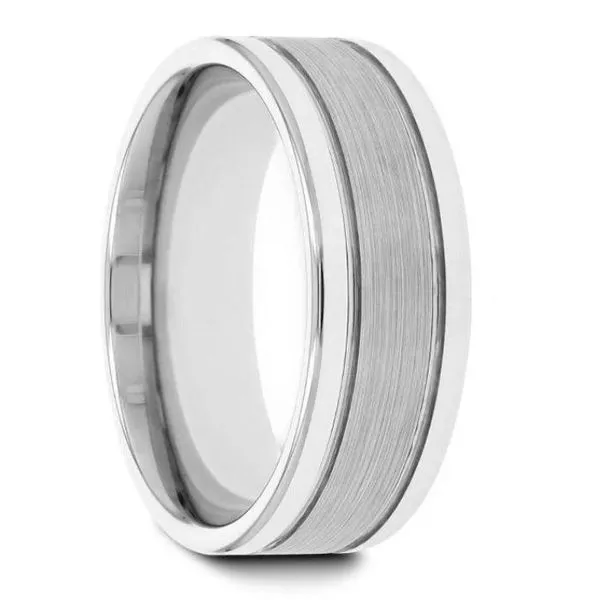 Tungsten Wedding Band with offset grooves and satin center Minor Jewelry Inc. Nashville, TN