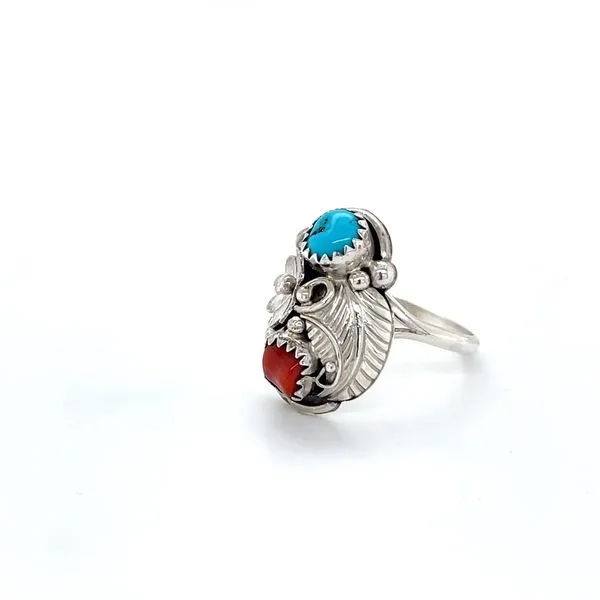 Sterling Silver Estate Turquoise and Coral Ring