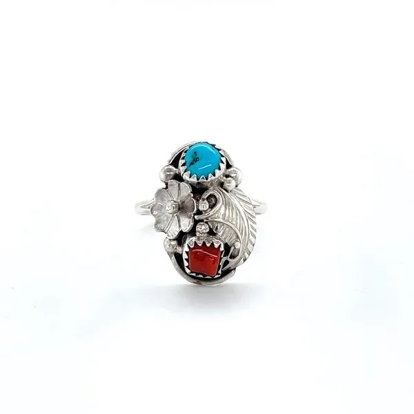 Sterling Silver Estate Turquoise and Coral Ring