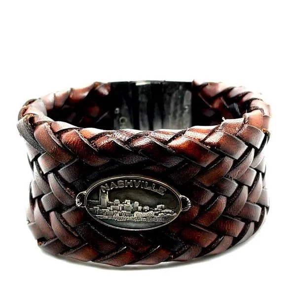 Sterling Silver Nashville Skyline Charm on a Brown Leather andSstainless Steel Bracelet similar item image