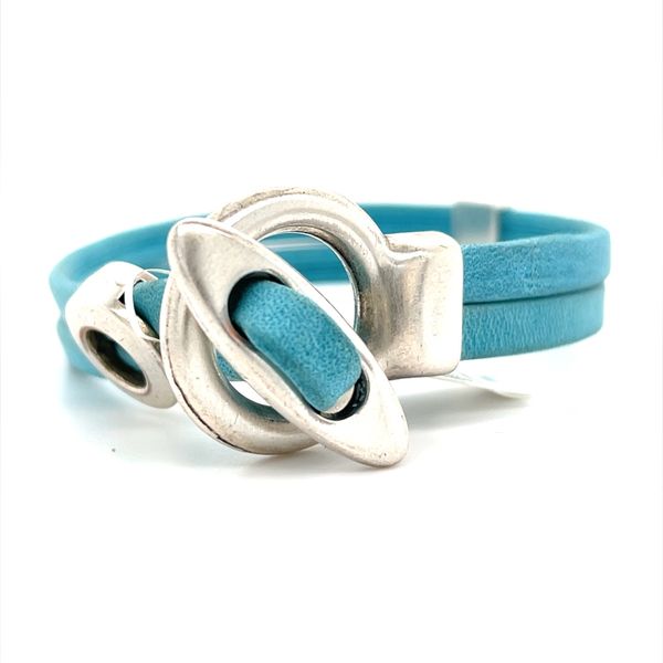 Sterling Silver Light Blue Leather Bracelet Length 7.5