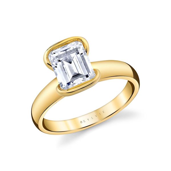 Emerald Cut Half Bezel Solitaire Engagement Ring By Sylvie Mitchell's Jewelry Norman, OK