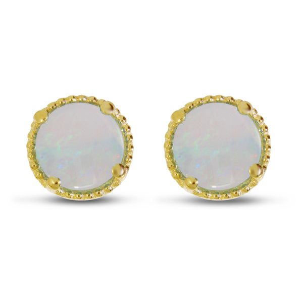 Yellow Gold Round Opal Millgrain Halo Earrings Mitchell's Jewelry Norman, OK
