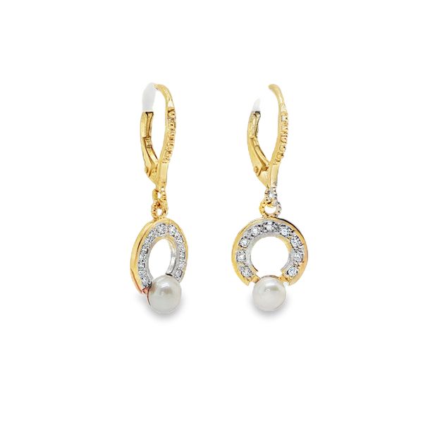 Yellow Gold Diamond And White Pearl Earrings by Vahan Mitchell's Jewelry Norman, OK