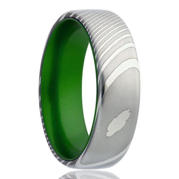 Damascus Steel Ring with Green Insert by Heavy Stone Mitchell's Jewelry Norman, OK