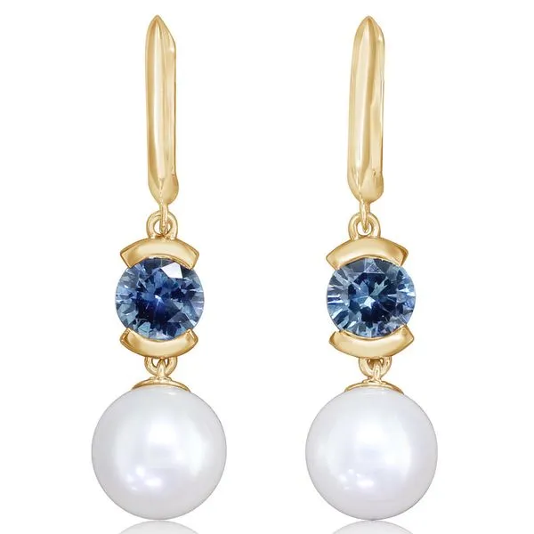 14K Yellow Gold White Freshwater Cultured Pearl/Montana Sapphire Earrings Molinelli's Jewelers Pocatello, ID