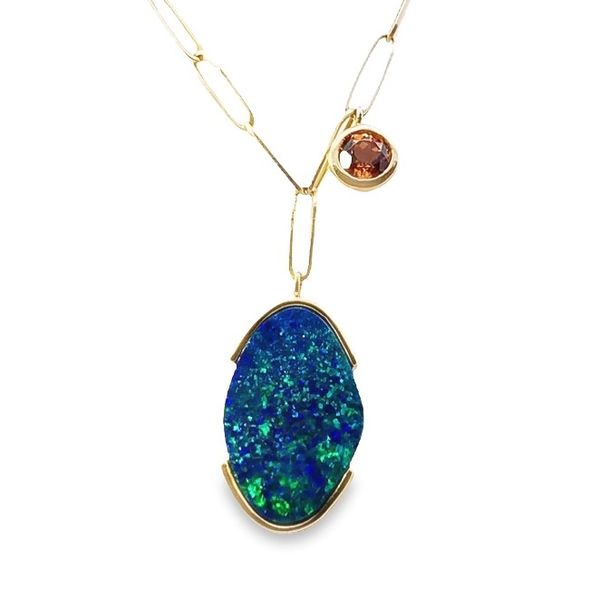 14K yellow gold AUSTRALIAN OPAL DOUBLET/MANDARIN GARNET NECKLACE Molinelli's Jewelers Pocatello, ID