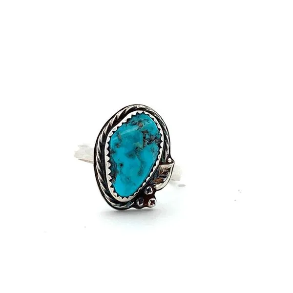 Elegant White Sterling Silver Leaf Ring - Size 7.25 - Adorned with One Turquoise Gemstone Molinelli's Jewelers Pocatello, ID