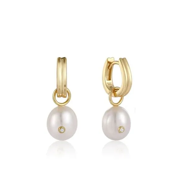 Sterling Silver Gold Pearl Drop Sparkle Huggie Hoop Earrings Molinelli's Jewelers Pocatello, ID