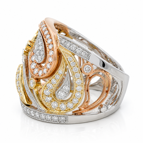 14Kt Tri-Colored Gold Diamond Paisley Ring – 1.08ct Artistic Elegance Image 2 Mollys Jewelers Brooklyn, NY