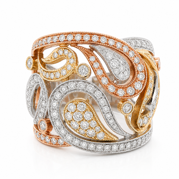 14Kt Tri-Colored Gold Diamond Paisley Ring – 1.08ct Artistic Elegance Mollys Jewelers Brooklyn, NY