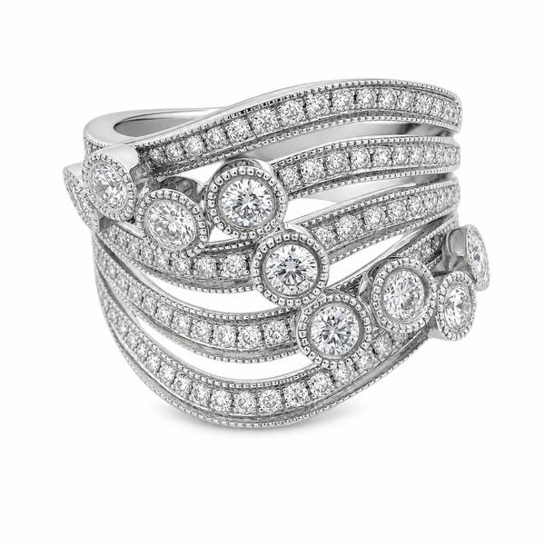 14Kt White Gold Multi-Band Diamond Ring – 1.00 Ct Bezel & Pavé Design Mollys Jewelers Brooklyn, NY