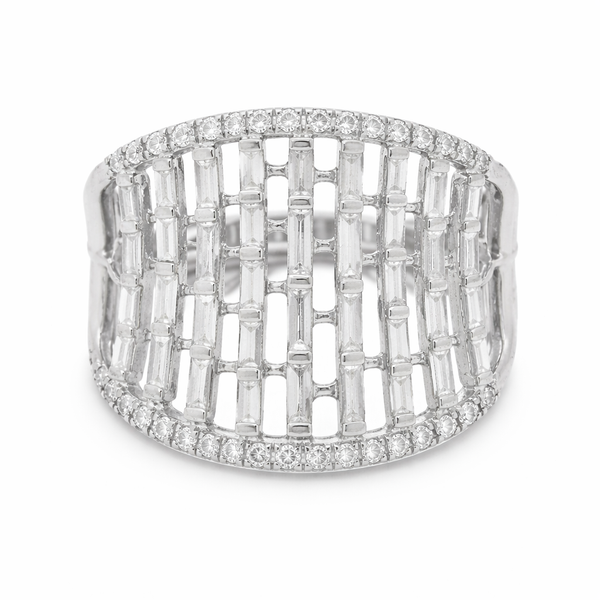 Bold 14Kt White Gold Wide-Band Diamond Ring with Baguette and Round Diamonds – 0.76ct Mollys Jewelers Brooklyn, NY