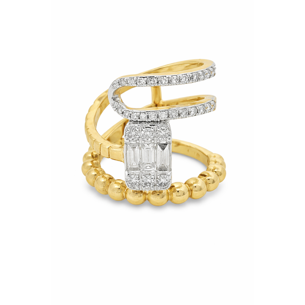 Contemporary Spiral 14Kt Yellow Gold Diamond Ring – 0.87 Ct Baguette Center Mollys Jewelers Brooklyn, NY
