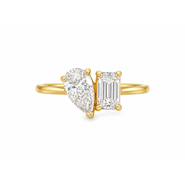 Toi et Moi 14Kt Yellow Gold Diamond Ring – 1.43 Ct Pear & Emerald Cut Mollys Jewelers Brooklyn, NY