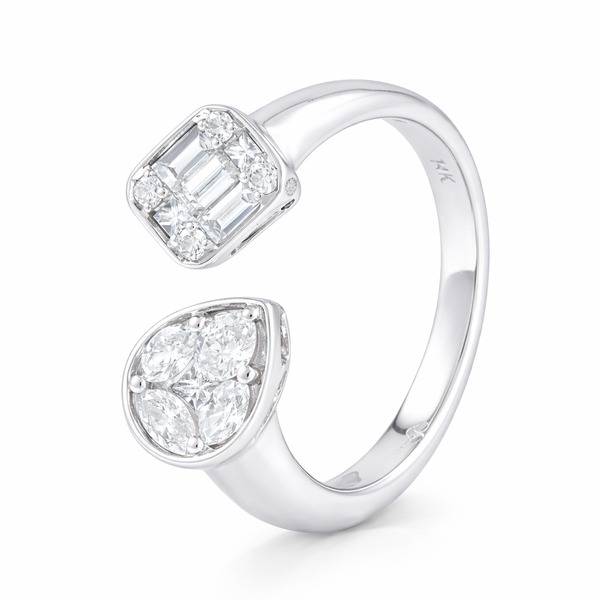 14Kt White Gold Diamond Open Ring – 0.6ct Baguette & Pear Dual Design Mollys Jewelers Brooklyn, NY