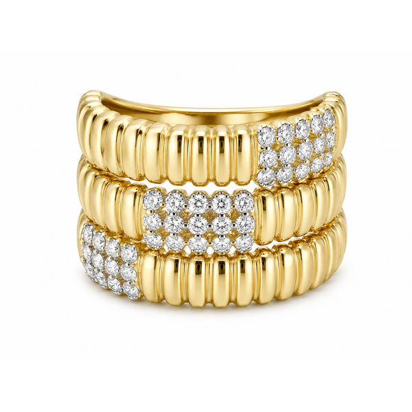 14Kt Yellow Gold Diamond Ribbed Ring – 0.51 Ct Triple Row Design Mollys Jewelers Brooklyn, NY