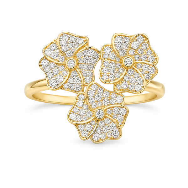 Yellow Gold Flower Diamond Ring – Triple Bloom 1.47ct Mollys Jewelers Brooklyn, NY