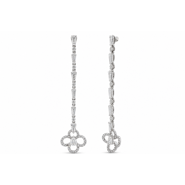 Diamond Clover Drop Earrings – White Gold Long Design Mollys Jewelers Brooklyn, NY