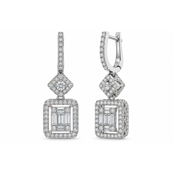 White Gold Diamond Drop Earrings Lumia 2.79ct – Elegant Baguette & Round Design Mollys Jewelers Brooklyn, NY