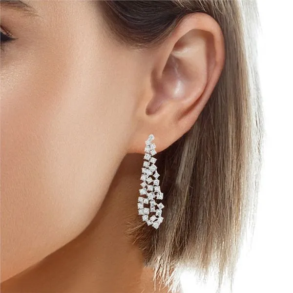 Diamond Cluster Drop Earrings – White Gold Sparkle Image 2 Mollys Jewelers Brooklyn, NY