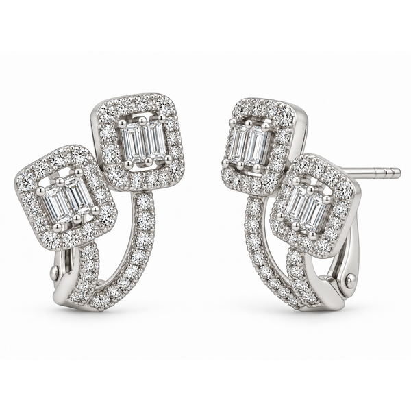 White Gold Baguette Halo Diamond Earrings Mollys Jewelers Brooklyn, NY