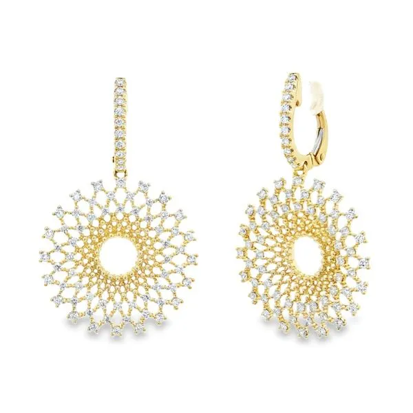 Yellow Gold Diamond Sunburst Drop Earrings Mollys Jewelers Brooklyn, NY