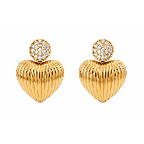 14K Yellow Gold Ribbed Heart Diamond Drop Earrings – 0.51 CTW Mollys Jewelers Brooklyn, NY