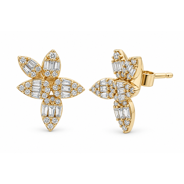 Baguette & Round Diamond Floral Stud Earrings Mollys Jewelers Brooklyn, NY