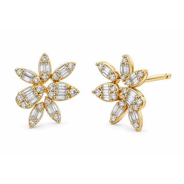 Baguette & Round Diamond Floral Stud Earrings Mollys Jewelers Brooklyn, NY