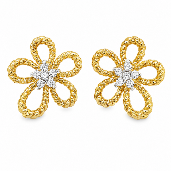 14K Yellow Gold 0.18 CTW Diamond Rope Flower Stud Earrings Mollys Jewelers Brooklyn, NY