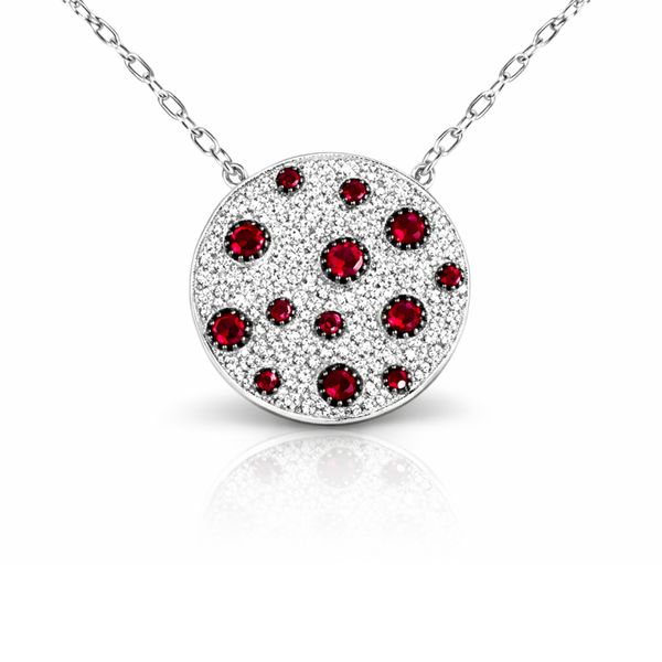 White Gold Ruby & Diamond Disc Pendant Necklace Mollys Jewelers Brooklyn, NY