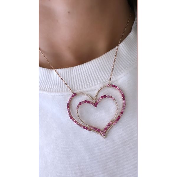 Rose Gold Ruby Pink Sapphire Diamond Heart Pendant Necklace – Double Heart Design Image 2 Mollys Jewelers Brooklyn, NY