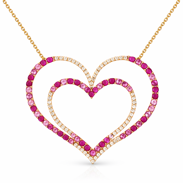 Rose Gold Ruby Pink Sapphire Diamond Heart Pendant Necklace – Double Heart Design Mollys Jewelers Brooklyn, NY