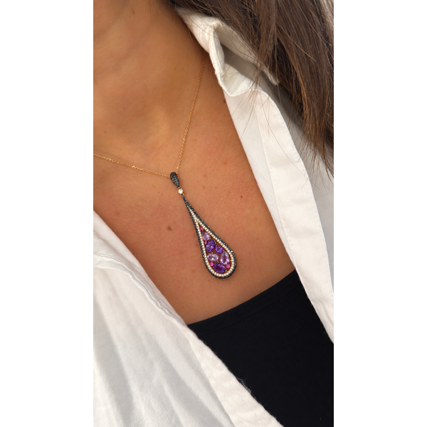 Rose Gold Cascade Amethyst & Pink Sapphire Pendant with Black Diamonds Image 2 Mollys Jewelers Brooklyn, NY