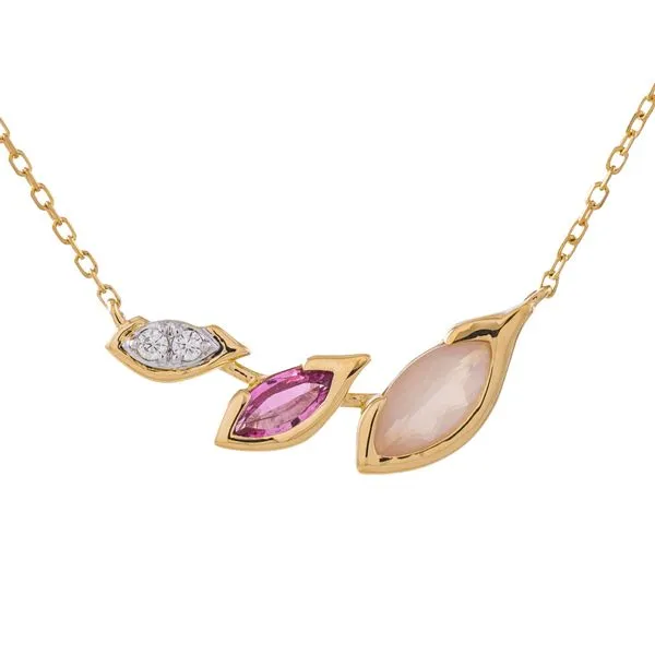 Yellow Gold BlushLeaf Pink Sapphire, Quartz & Diamond Pendant Mollys Jewelers Brooklyn, NY