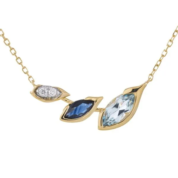Yellow Gold TrioLeaf Sapphire, Quartz & Diamond Pendant Mollys Jewelers Brooklyn, NY
