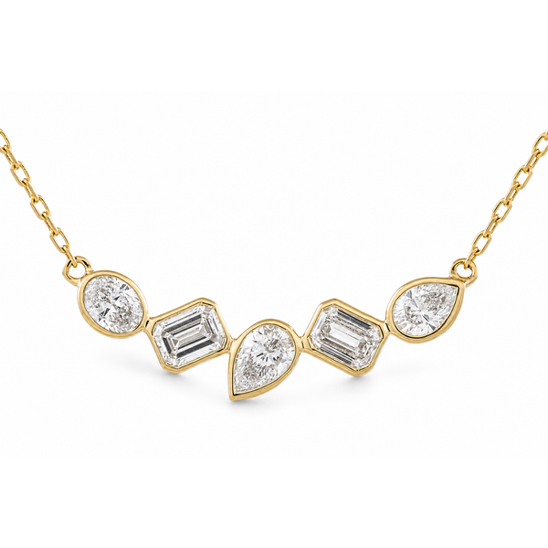 Five-Stone Mixed Shape Bezel Diamond Necklace in 14K Yellow Gold – 0.93 CTW Mollys Jewelers Brooklyn, NY