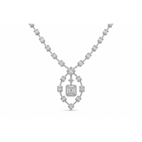 White Gold Emerald Cut & Round Diamond Drop Necklace 5.65ctw Image 2 Mollys Jewelers Brooklyn, NY
