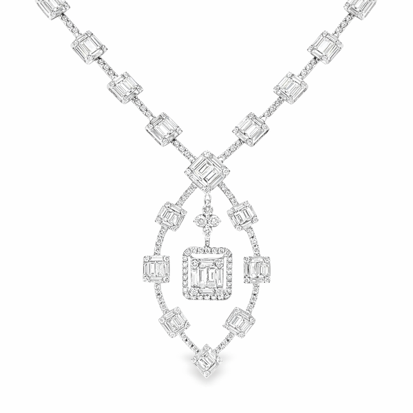 White Gold Emerald Cut & Round Diamond Drop Necklace 5.65ctw Mollys Jewelers Brooklyn, NY