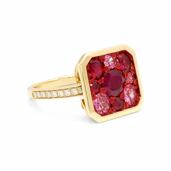Ruby Pink Sapphire Mosaic Ring in Yellow Gold Mollys Jewelers Brooklyn, NY