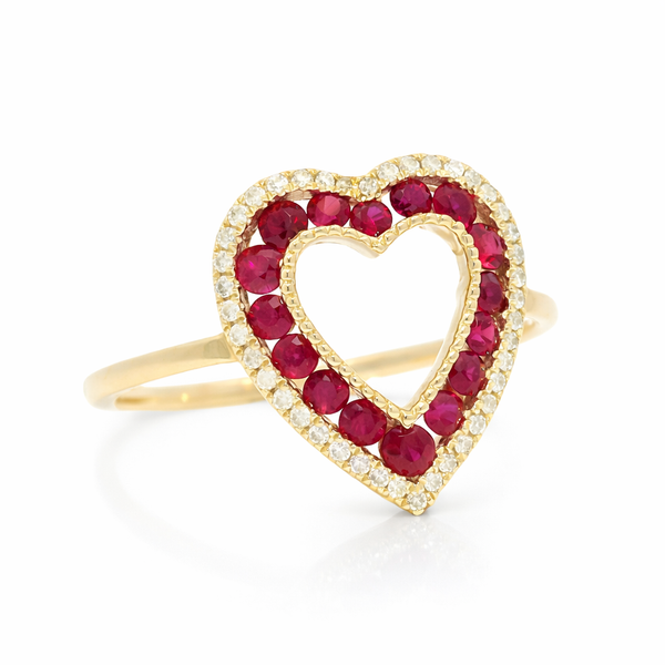 Yellow Gold Heart Ring with Rubies and Diamonds Mollys Jewelers Brooklyn, NY