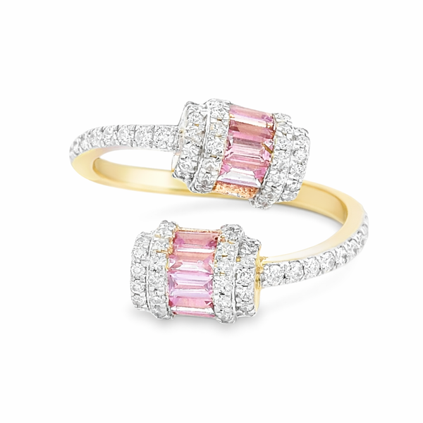 Bypass Pink Sapphire Duo Ring with Diamonds in Yellow Gold Mollys Jewelers Brooklyn, NY