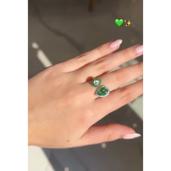 GreenTear Yellow Gold Green Garnet & Diamond Bypass Ring Image 2 Mollys Jewelers Brooklyn, NY